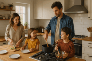 Family cooking together in a warm kitchen