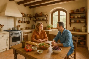 Mediterranean kitchen with people connecting