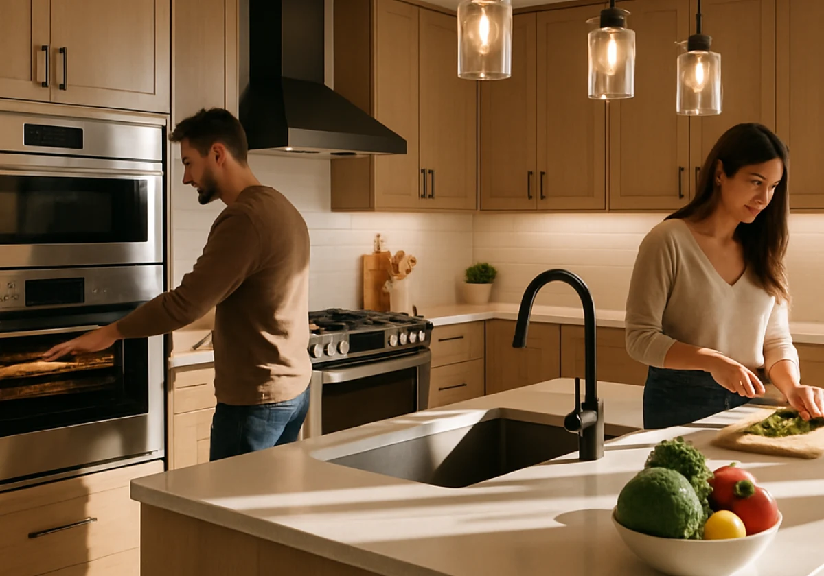 Contemporary open-plan kitchen with an island in the center