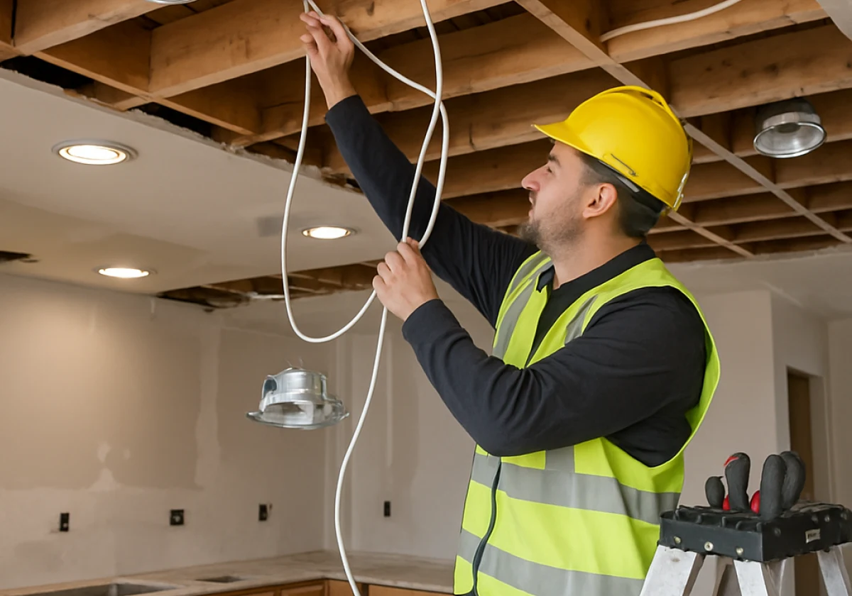 Electrician in hard hat and high-visibility vest working