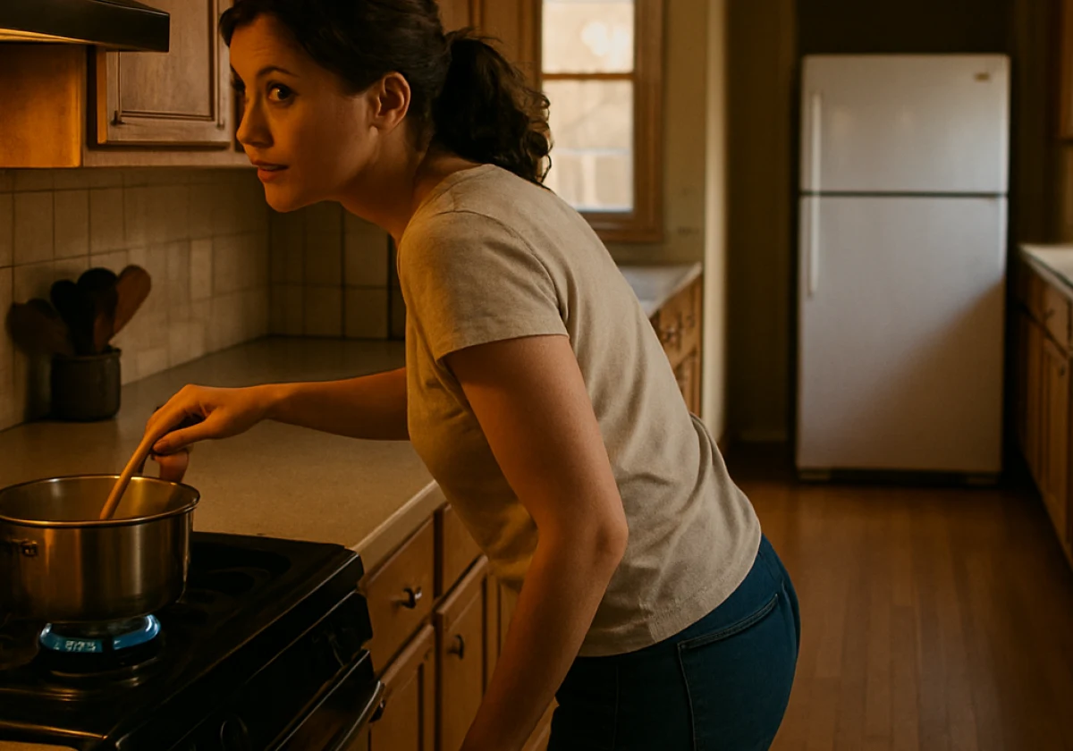 Home cook leaning toward a pot at a gas stove