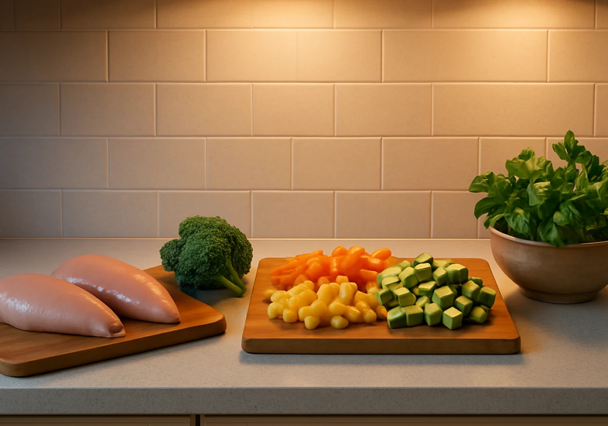 Kitchen counter at dusk displaying fresh ingredients—raw chicken