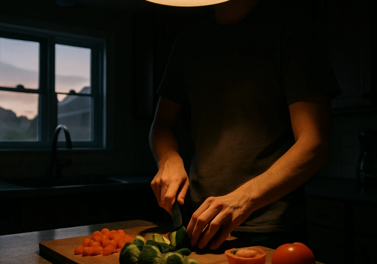 Person at a kitchen bench chopping vegetables