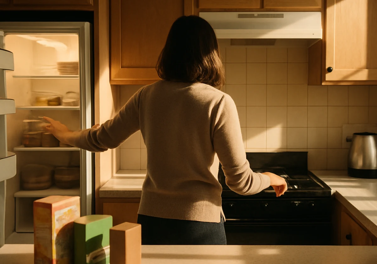 Person standing at a kitchen counter in morning sunlight