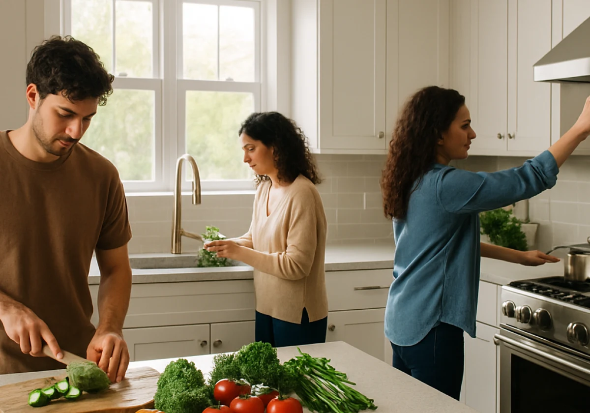 Residential kitchen during food preparation showing distinct work