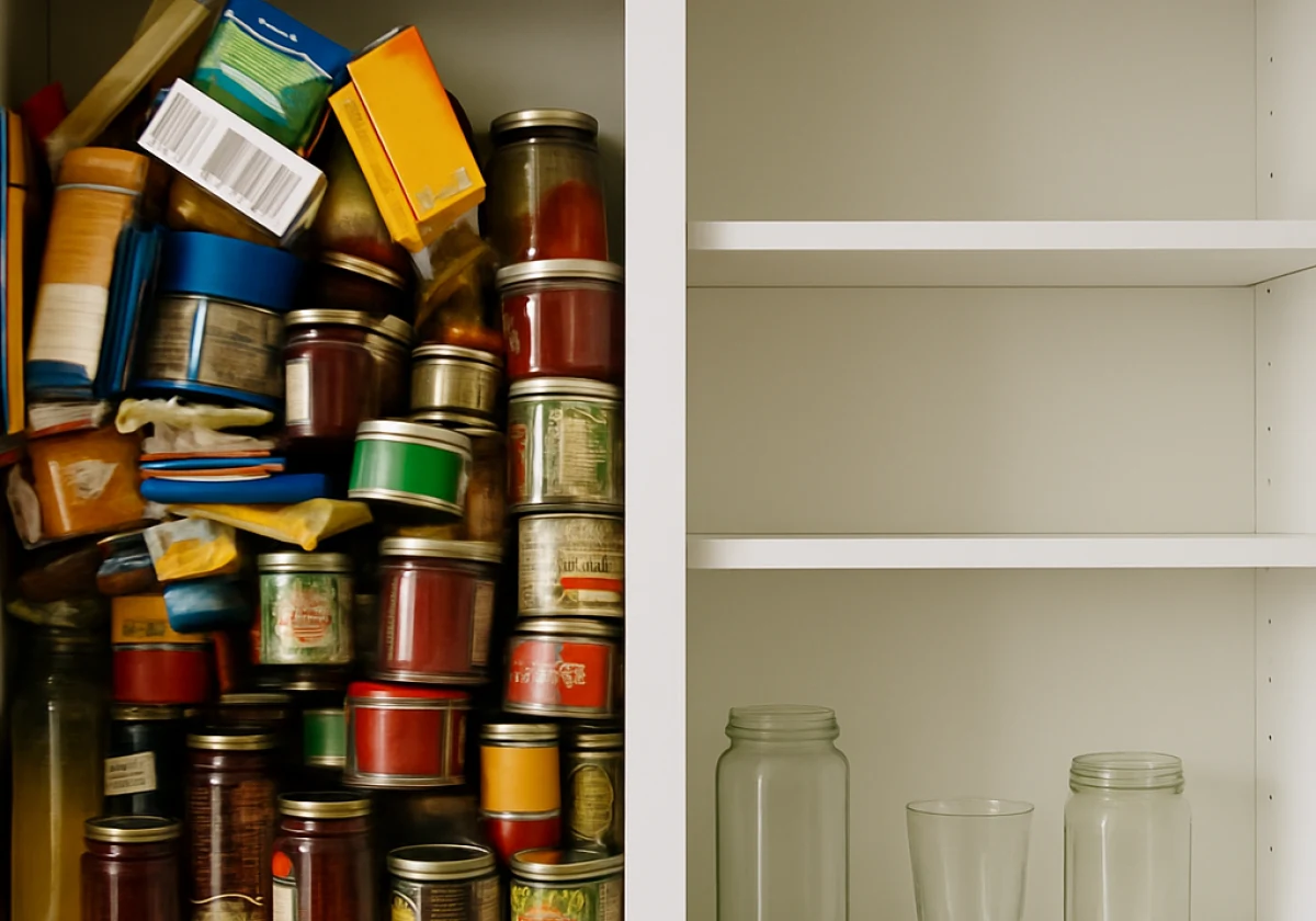 Straight-on photograph of an open kitchen cabinet run where one side