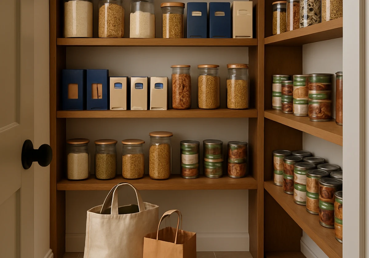 View inside a walk-in pantry photographed from the doorway