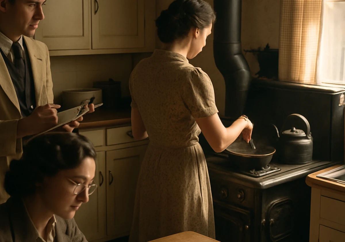 Vintage 1940s home kitchen with two researchers in period clothing